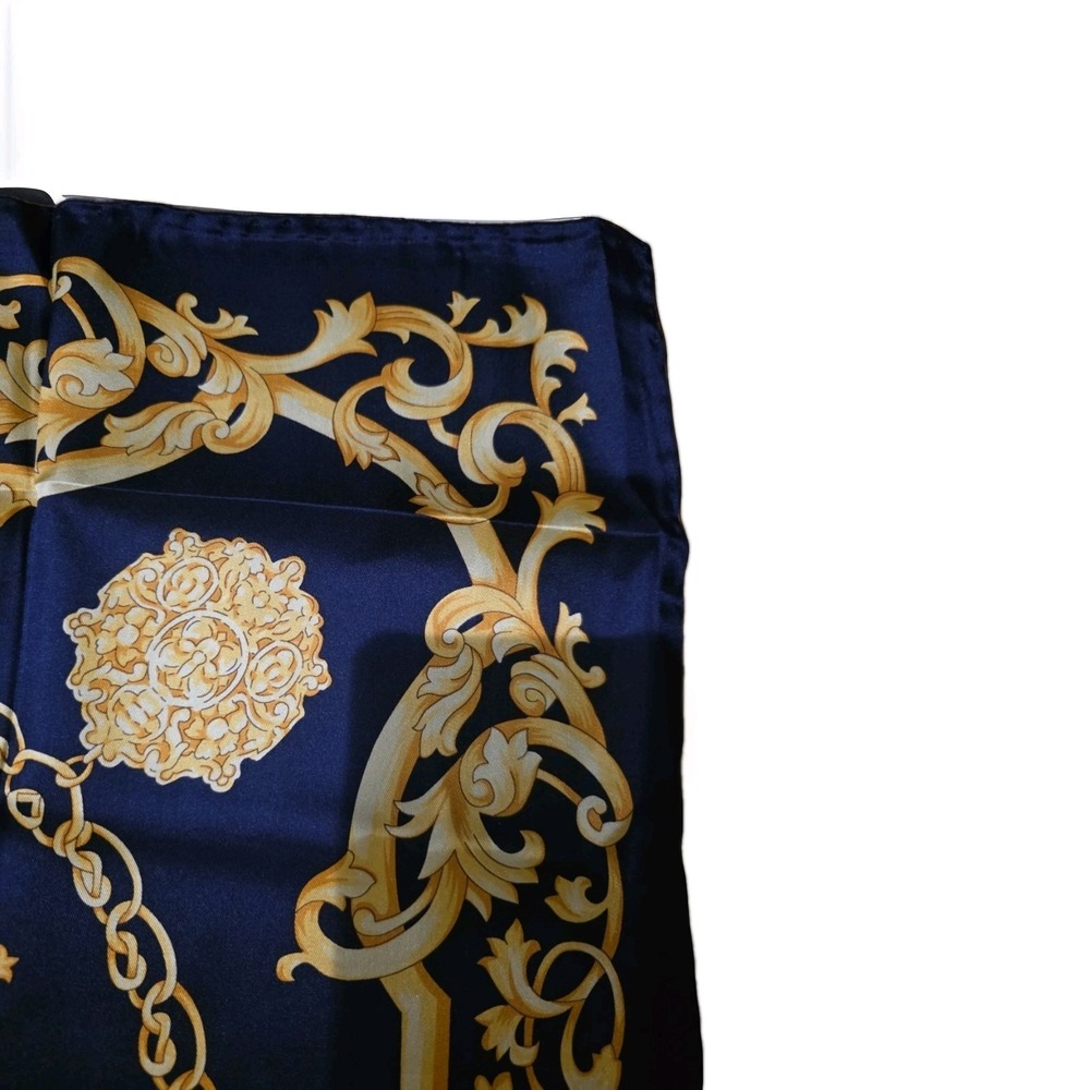 FABERGE Large Silk Scarf 32"x 32" Navy Blue Gold Square New With Box - Picture 5 of 11